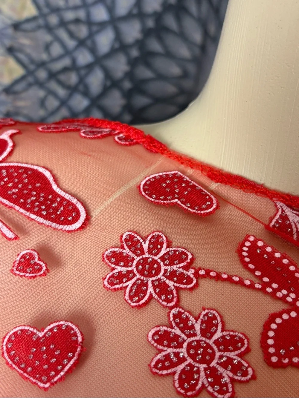 Red Embroidered Fringe Shawl / Scarf Wrap